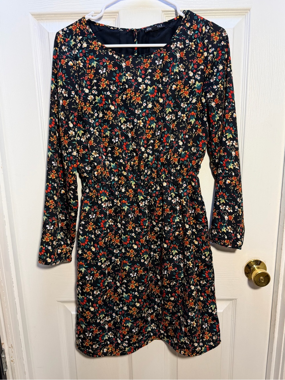 J. Crew Black Floral Long-Sleeve Dress with Red and Orange Blooms